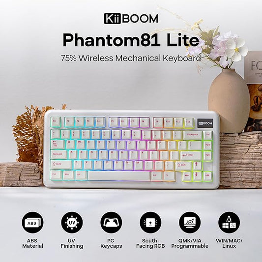 KiiBoom Phantom81 Lite 75% Gasket Mechanical Keyboard, QMK&VIA Programmable, 3 Modes Wireless Gaming Keyboard, RGB Backlights, ABS Case + UV Tech, Hot-Swappable for Windows/Mac/Linux (White)