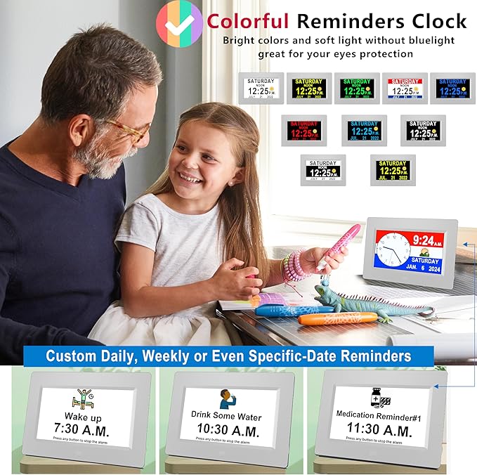 MASSII 【2025 New】 19 Alarms Digital Clock with Loud Voice Talking Time, Auto DST, 20 Custom Reminders, 10-Level Dimmer, Sleep Trainer, Day Date Calendar Clock for Seniors Dementia- 7 Inch with Remote