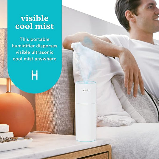 Homedics Portable Humidifier - Small Air Humidifiers for Bedroom, Plants, Office, Travel - Cool Mist Humidifiers, Color-Changing Accent Light, 2 Mist Settings, White