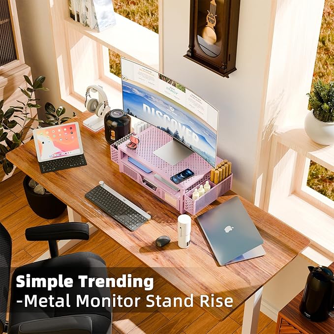 Simple Trending 2 Tier Metal Monitor Stand Monitor riser and Computer Desk Organizer with Drawer and Pen Holder for Laptop, Computer, iMac, Pink