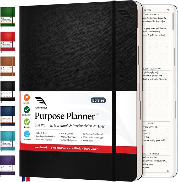 Roterunner Purpose Planner Notebook B5 7.5”x9.8” Undated 2025 Daily Weekly and Monthly Productivity Goal Setting Tool for Work Home ADHD for Adults Self Care Journal