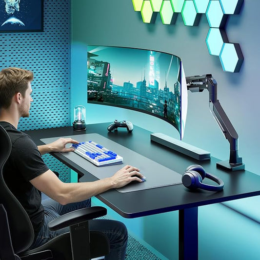 ARES WING Heavy Duty Single Monitor Arm - Gas Spring Aluminum Monitor Mount for 24"-57" Ultrawide Screens up to 66 lbs with Clamp/Grommet Desk Mount, 75/100/200 Vesa Mount, Black