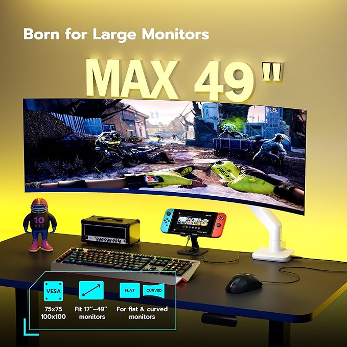 ARES WING Single Ultrawide Monitor Mount with USB A/C, Heavy Duty Monitor Arm for 17 to 49 inch Screen, Holds 44 lbs, Adjustable Gas Spring Arm Desk Mount with Clamp and Grommet Base, White