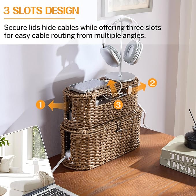 FairyHaus Cable Management Box 2Pack Brown, Handwoven Large and Small Cable Organizer Box Cover to Hide Cords and Power Strip, Imitation Wicker Cord Organizer Box Hider for Office Desk and Floor