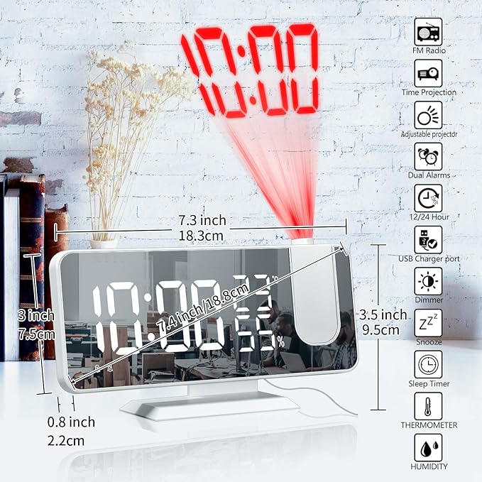 Projection Alarm Clock for Bedroom, Digital Alarm Clock with USB Charger, 7.4" Large LED Mirror Display Radio Alarm Clock, Dual Smart Alarm with Projection on Ceiling, White