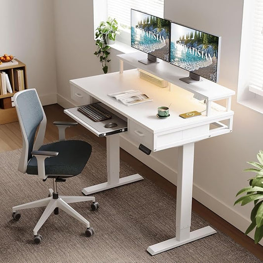AODK Electric Standing Desk with Drawers & Keyboard Tray, 47 Inch Height Adjustable Small Gaming Desk with Power Outlets & LED Lights, Sit Stand Table with Monitor Stand for Home, Office, White