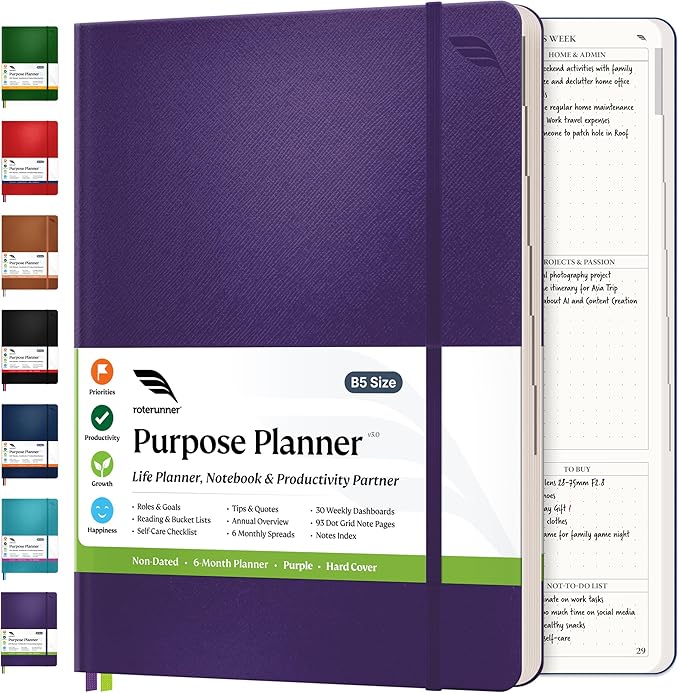 Roterunner 2025 Purpose Planner Notebook B5 7.5'x9.8' Undated Daily Weekly Monthly Productivity Goal Setting Tool for Work Home ADHD Planner Adult Self Care Journal (Purple Hardcover)