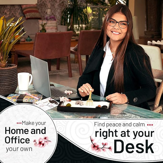 Zen Garden Kit for Desk 12x8in Sand Tray, Japanese Gift Set 14 Accessories and 6 Tools, Meditation Mini Zen Garden, Zen Sand Garden, Home Office Desk Decorations, Therapy Kit, Rock Decor