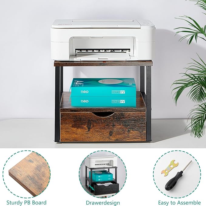 2 Tier Desktop Printer Stand,Printer Stand with Drawers,Printer Shelf for Top of Desk ,Multi-Purpose Desk Organizer for Home Office, Fit Fax Machine, Scanner,Rustic Brown