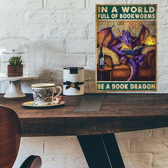 1000 Piece Wooden Jigsaw Puzzle in a World Full of Bookworms Be a Book Dragon Adults Kids Challenging Game Educational Stress Relief Time Killer Perfect for Home Bar & Portable Travel 29.5x19.7 Inch