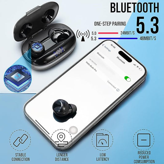 Earbuds with Mic - Bluetooth 5.3 Headphones True Wireless IPX5 Waterproof Buds with Charging Case 50H Battery & Crystal Clear Stereo Sound