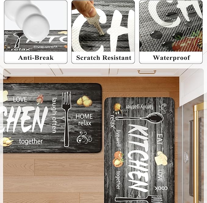 KIMODE Kitchen Mats,Grey Anti Fatigue Kitchen Rugs Sets of 2,Non Slip Waterproof Farmhouse Kitchen Floor Mats,Cushioned Comfort Standing Mat for Home,Laundry, Sink,Desk