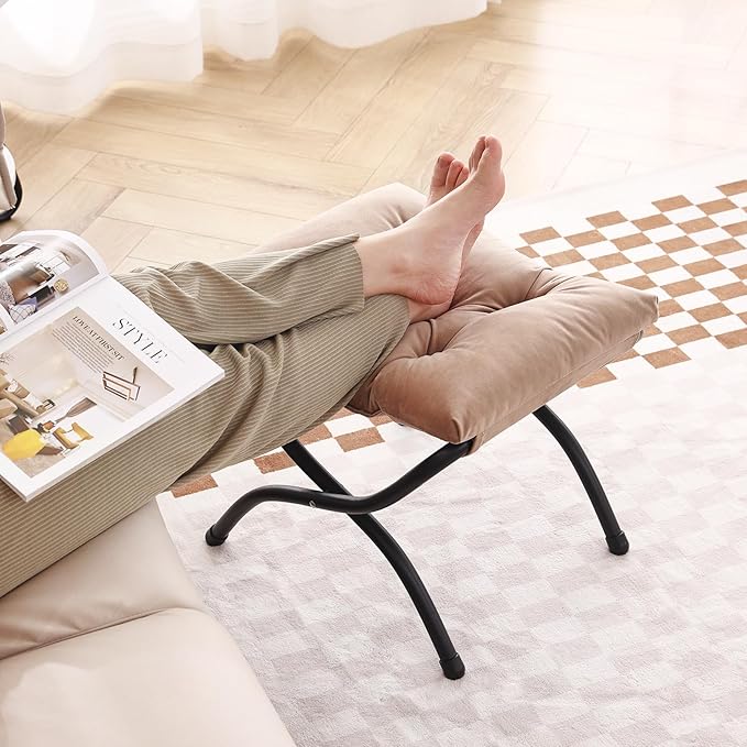 LITA Folding Upholstered Footrest Stool, Modern Small Portable Accent Ottoman with Detachable Thick Cotton Cushion Padded Sofa Stool with Metal Frame for Lazy Chair, Living Room & Bedroom, Khaki