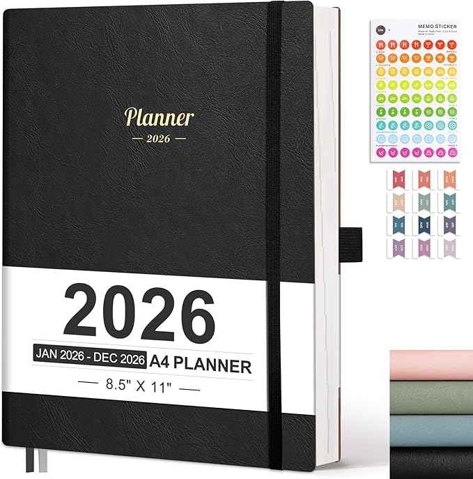 AHGXG 2026 Planner, Weekly and Monthly Planner 2026-2027, Large A4 8.5"x11", Calendar 15-Months Jan 2026 - Mar 2027, Vegan Leather SoftCover, Inner Pocket, Black