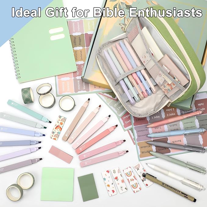 54Pcs Bible Journaling Kit with Pencil Case, Bible Highlighters and Pens with Tabs, Notebook, Bible Study Supplies Journel Essentials Accessories Tools for Women,Back to School Gift (Green)