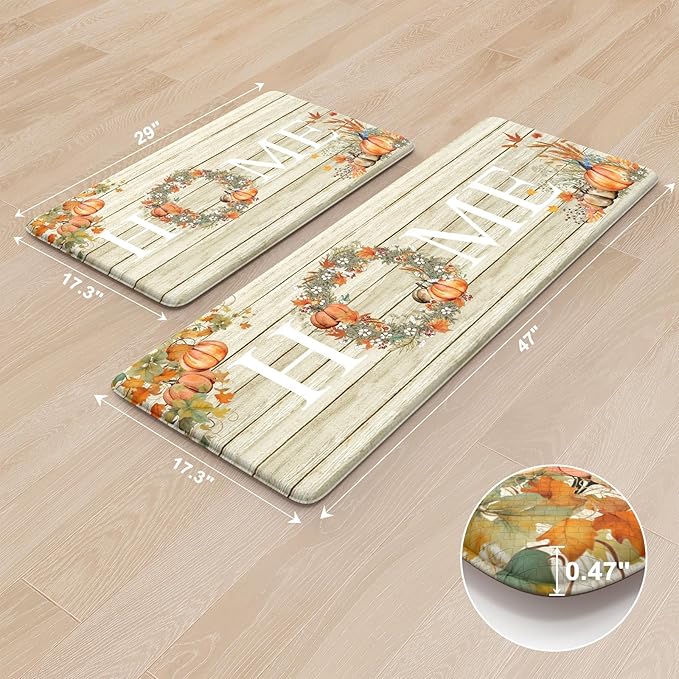KIMODE Fall Kitchen Mat for Floor Anti Fatigue, Pumpkin Orange Kitchen Mats 2 PCS, Autumn Farmhouse Kitchen Rugs Non Slip, Cushioned Kitchen Floor Mats for Sink, Laundry, Desk 17"x47"+17"x29"