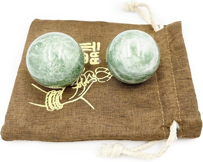 2" Natural Jade Green Baoding Balls with Carry Pouch Hand Balls Healthy Stress Fitness Ball Chinese Fitness Stress Ball Handicraft Collection