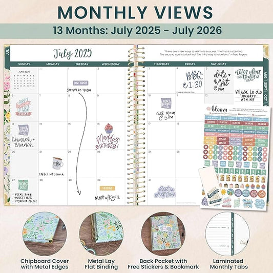 bloom daily planners HARDCOVER 2025-2026 (8.5" x 11") Academic Year Day Planner (July 2025 - July 2026) - Task Goal Organizer - Monthly & Weekly Inspirational Agenda Book - Garden Party, Beige