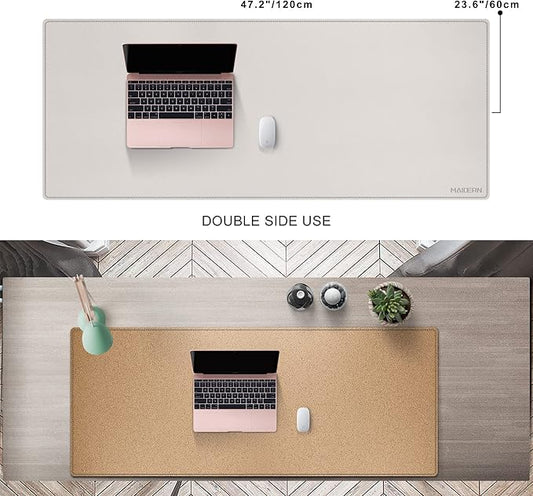 MAIDERN XXL 47.2" x 23.6" Cork & Leather Desk Mat, Dual Sided, Gaming & Home Office (Cream)