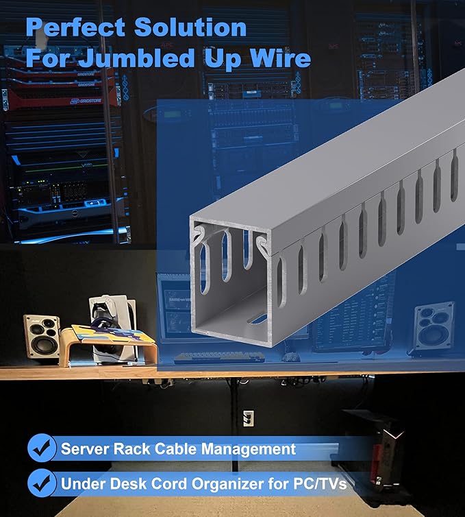 94.5in(6X L15.7in) Professional Server Rack Cable Management Raceway, H1.6in x W1.2in Cable Raceway Kit, Electrically Safe PVC Open Slot Wire Raceway for Under Desk/Computer/Network Cords, Grey