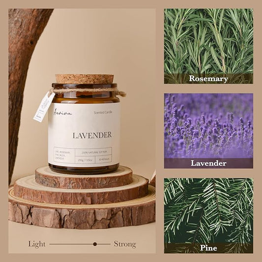 Scented Candle, 7.05 oz Lavender Aromatherapy Candle, Natural Soy Wax with Wooden Wick, Candles for Home Scented, Stress Relief Amber Jar Candle Gifts
