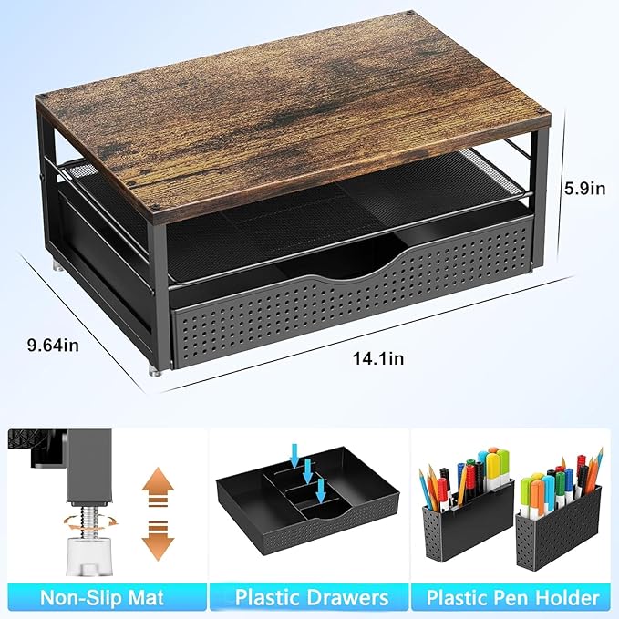 gianotter Wood Monitor Stand Riser, Office Desk Shelf Organizer, Desk Organizer with Drawer and Pen Holder, 2-Tier Computer Stand, Office Organization (Wood)