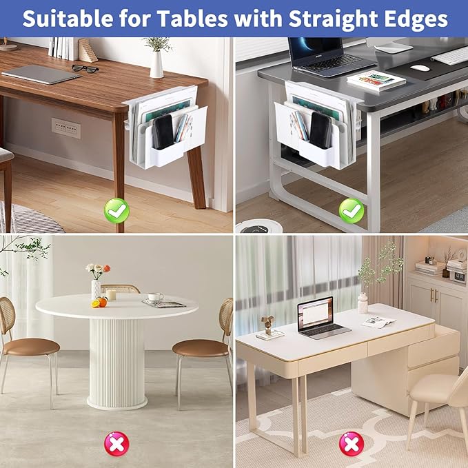 2 Tier Desk Side Storage, Under Desk Laptop Holder with Magnetic Pen Holder, Clamp on Table Organizer, No Drill Hanging Table Organizer for Office and Home Fits Flat Edge 0.3" to 2.3"