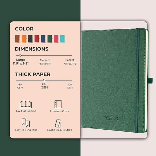 Weekly Monthly 2025-2026 Planner (July 25-Dec 26),11.5"x8.5",18 Months Agenda Plan with Month Tabs & Pocket,Expenses/Note Pages, Academic Calendar with Vegan Leather Cover,Green