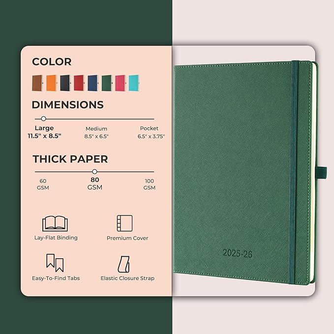 Weekly Monthly 2025-2026 Planner (July 25-Dec 26),11.5"x8.5",18 Months Agenda Plan with Month Tabs & Pocket,Expenses/Note Pages, Academic Calendar with Vegan Leather Cover,Green