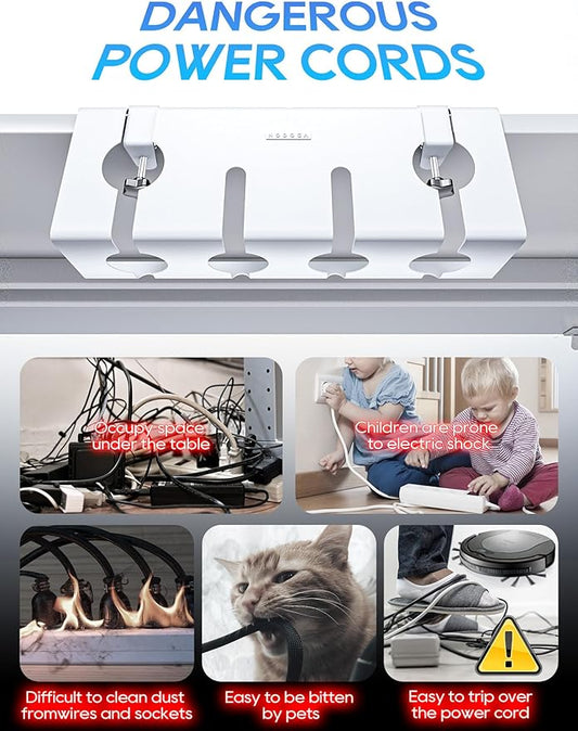 NodoCA No Drill Under Desk Cable Management Tray, 17'' Wire Management, Punch-Free Clamp On, Metal Cable Tray, Wire Organizer, Under Desk Basket for Office and Home, White