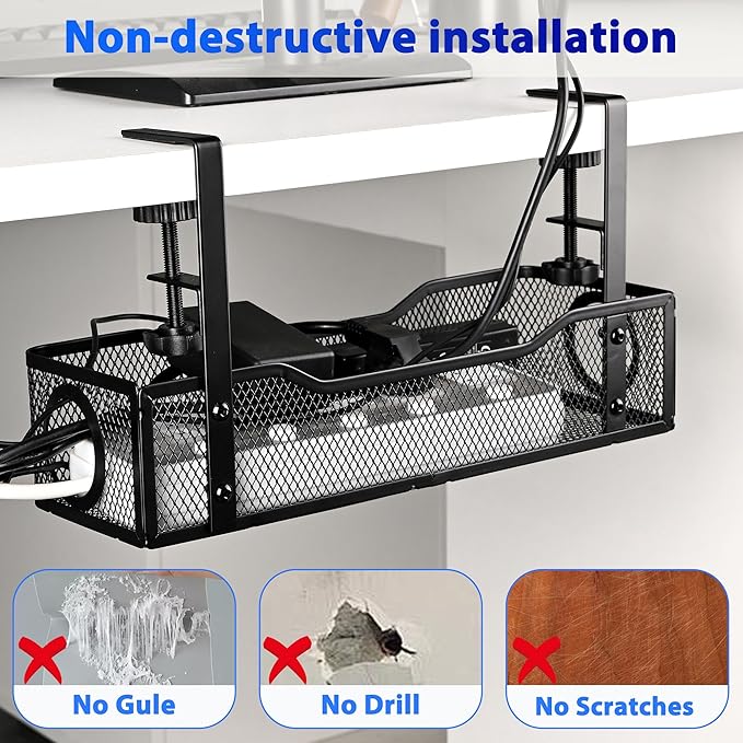 No Drill Under Desk Cable Management Tray – Clamp-On Metal Cable Organizer for Power Cords – Easy Install Wire Holder for Home Office Desk (Black)