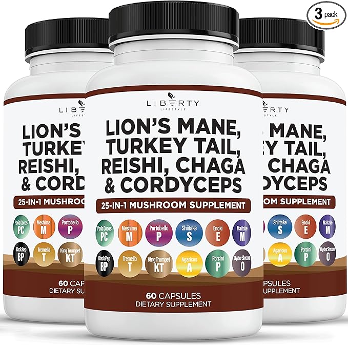 Lions Mane Mushroom Supplement with Turkey Tail Reishi Cordyceps Chaga with Marshmallow Root - 3-Pack
