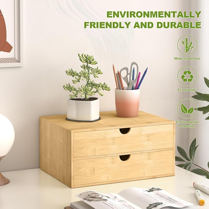 Wisuce Bamboo Desk Drawer Organizer, Large Desktop Organizer with Drawers Tabletop Storage Organization Box for Office Home Toiletries Supplies Vanity, No Assembly Required (2 Drawer)