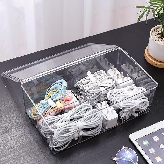 Yesesion Clear Plastic Storage Bins with Lid, Large Cable Organizer Box with Lid and 20 Wire Ties, Adjustable Electronic Cord Management Case for Desk Drawer, Home Office, Art Crafts Supply (2 PACK)