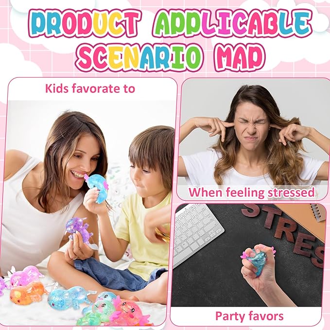 Meooeck 12 Pack Axolotl Stress Relief Toys Glitter Axolotl Starfish Stress Balls Fun Relaxing Squeeze Fidget Toys Relieve Anxiety Squeeze for Birthday Party Goodie Bag Stuffers(Mixed Style)