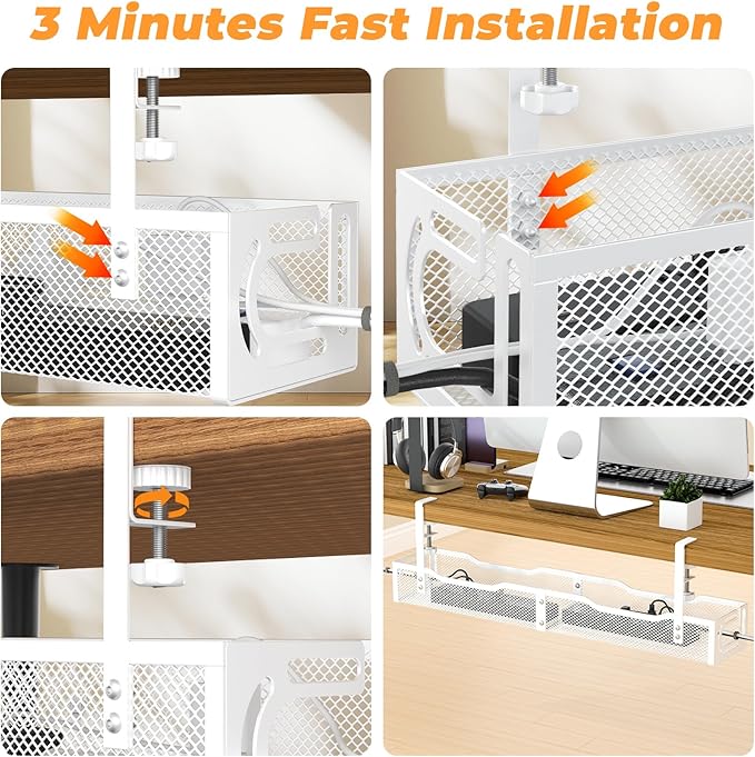 Under Desk Cable Management Tray, No Drill Steel Desk Cable Organizers, Wire Management Tray Cable Management Rack (24.4" Length-White)