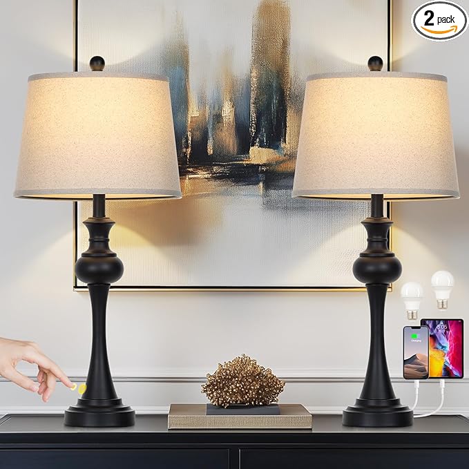 28.75" Black Table Lamps Modern 3-Way Dimmable Bedside Lamp with USB A+C Ports & AC Outlets for Living Room Bedroom Nightstand Lamp,Beige Fabric Shade Mid Century Accent Style