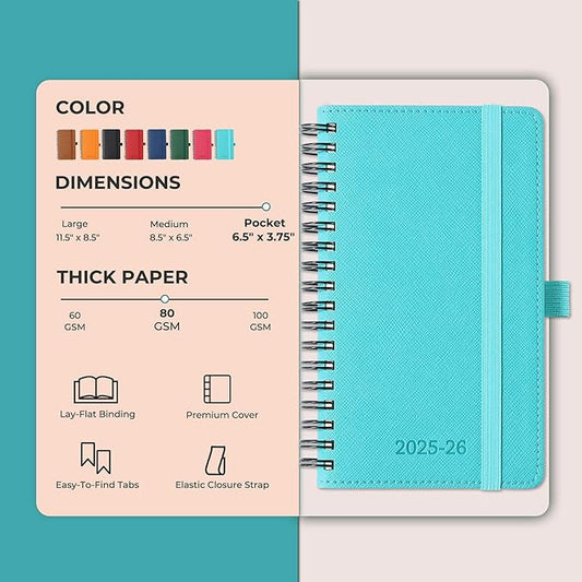 Planner 2025-2026 Daily Weekly and Monthly,6.5"x3.75",18 Months Spiral Bound Calendar Agenda with Self-adhesive Pen Holder,2026 Academic Plan with Vegan Leather Soft Cover,Light Blue