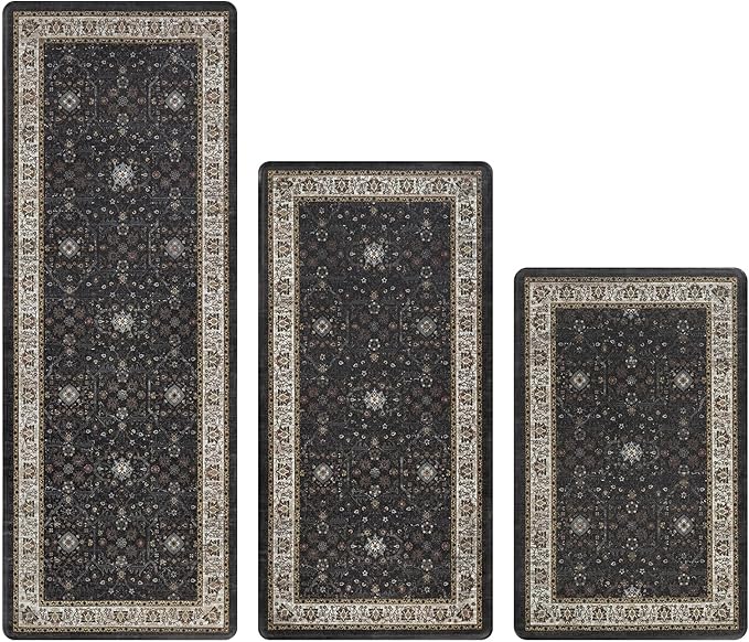 Pauwer Anti Fatigue Kitchen Mat Set of 3 Non Slip Kitchen Mats for Floor Cushioned Kitchen Rugs Comfort Standing Mat Farmhouse Waterproof PVC Foam Kitchen Floor Mat Runner, Black