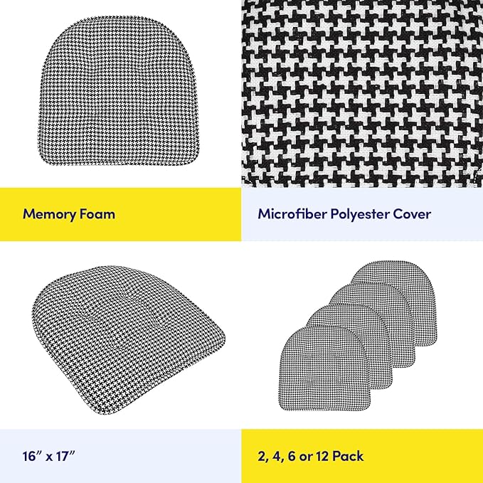 Sweet Home Collection Chair Cushion Memory Foam Pads Tufted Slip Non Skid Rubber Back U-Shaped 17" x 16" Seat Cover, 4 Count (Pack of 1), Houndsooth Black