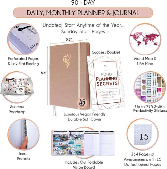 Self Care Journal & ADHD Planner for Adults - 5 Minute Journal, A 90 Days Planner, Creating Your Dream Life, Increase Productivity & Happiness, Vision Board, Guided & Gratitude Journal - Undated