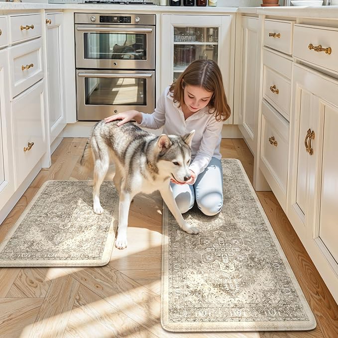 KIMODE Anti Fatigue Kitchen Mats 2 PCS 17"x47"+17"x29", Boho Kitchen Rugs and Mats, Non Slip Cushioned Kitchen Mats for Floor, Waterproof Kitchen Floor Mats for Laundry, Office, Sink, Khaki