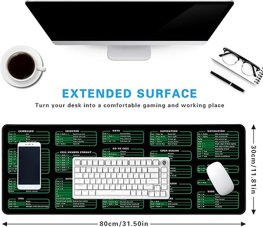 Excel Cheat Sheet Desk Pad, 31.5"x11.8", Waterproof Extra Large Excel Shortcut Mat with Stitched Edges, Anti-Slip Excel Mouse Pad for Office Desk, MS Excel/Word Shortcuts (Green Excel A)