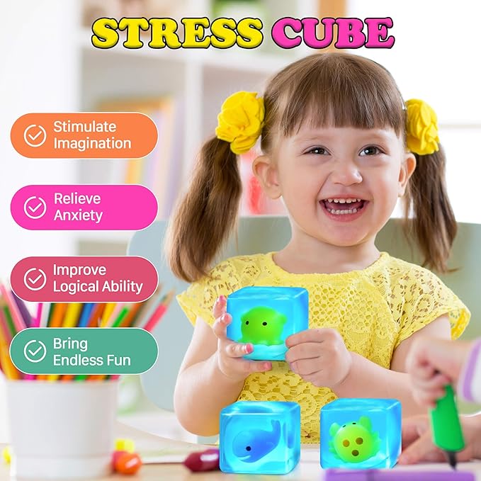 Squishy Stress Cube Fidget Toys Adults - Glow in The Dark Sensory Toys for Kids with Autism Stress Balls for Kids Squeeze Toys for Anxiety Stress Relief Gifts Whale Crab Octopus