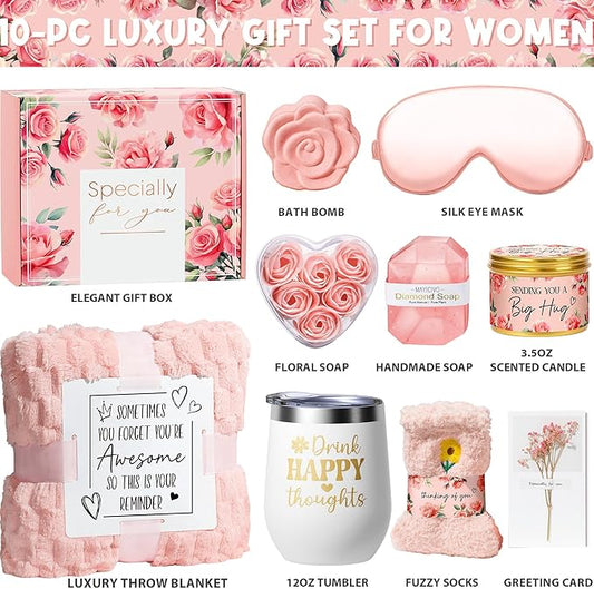 Birthday Gifts for Women Self Care Gift, Rose Spa Gift Baskets Bath Set Get Well Soon Care Package Christmas Mom Gifts for Women Sister Friend Wife Grandma Teacher Nurse w/ Blanket