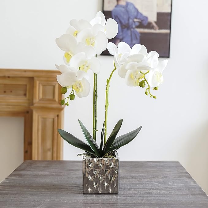 LISU Artificial Orchids, Silver Vases, Home Decoration Flower Arrangements, Fake Flowers in Vases. (C:White)