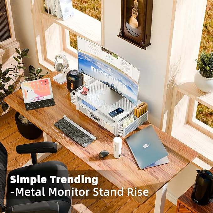 Simple Trending 2 Tier Metal Monitor Stand Monitor riser and Computer Desk Organizer with Drawer and Pen Holder for Laptop, Computer, iMac, White