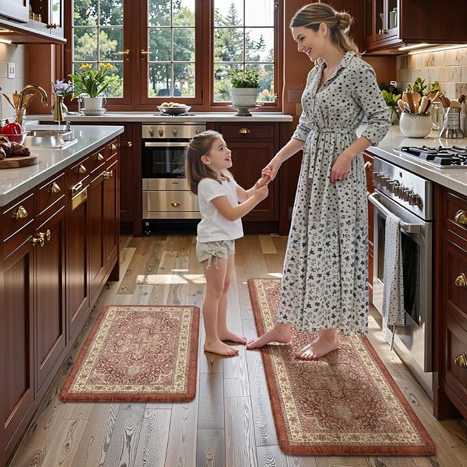 KIMODE Anti Fatigue Fall Kitchen Mats, Boho Distressed Kitchen Floor Mats 17"x47"+17"x29", Non Slip Waterproof Kitchen Rugs, Padded Comfort Standing Mats for Laundry, Office, Sink, Desk Orange Multi