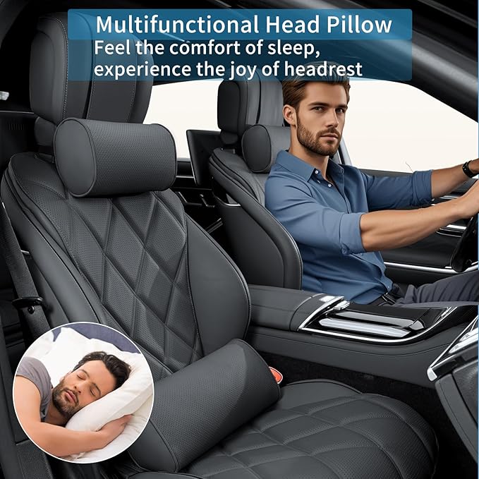 Car Headrest Pillow for Driving - Luxury Leather 100% Memory Foam, Ergonomic Neck Support - Universal Fit Head Rest Travel Pillow for Most Cars, Home & Office, Black, 1 Pack