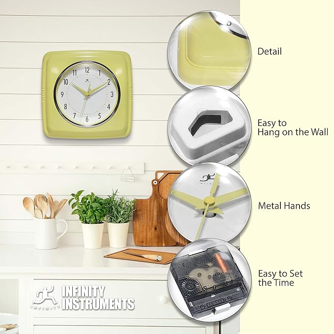 Infinity Instruments Retro Wall Clock – 9-Inch Square, Silent & Non-Ticking – Mid-Century Modern Vintage Design – Decorative Wall Clock for Kitchen, Office, or Diner – Yellow